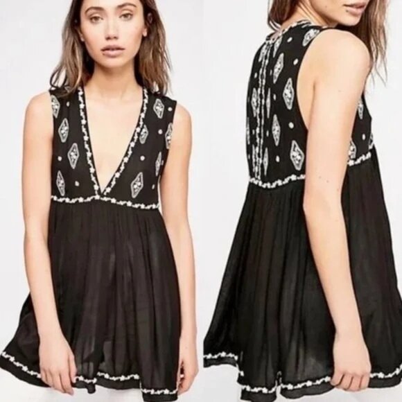 Free People Diamond Embroidered Tank‎ Women's Size XS Black White - Picture 1 of 10